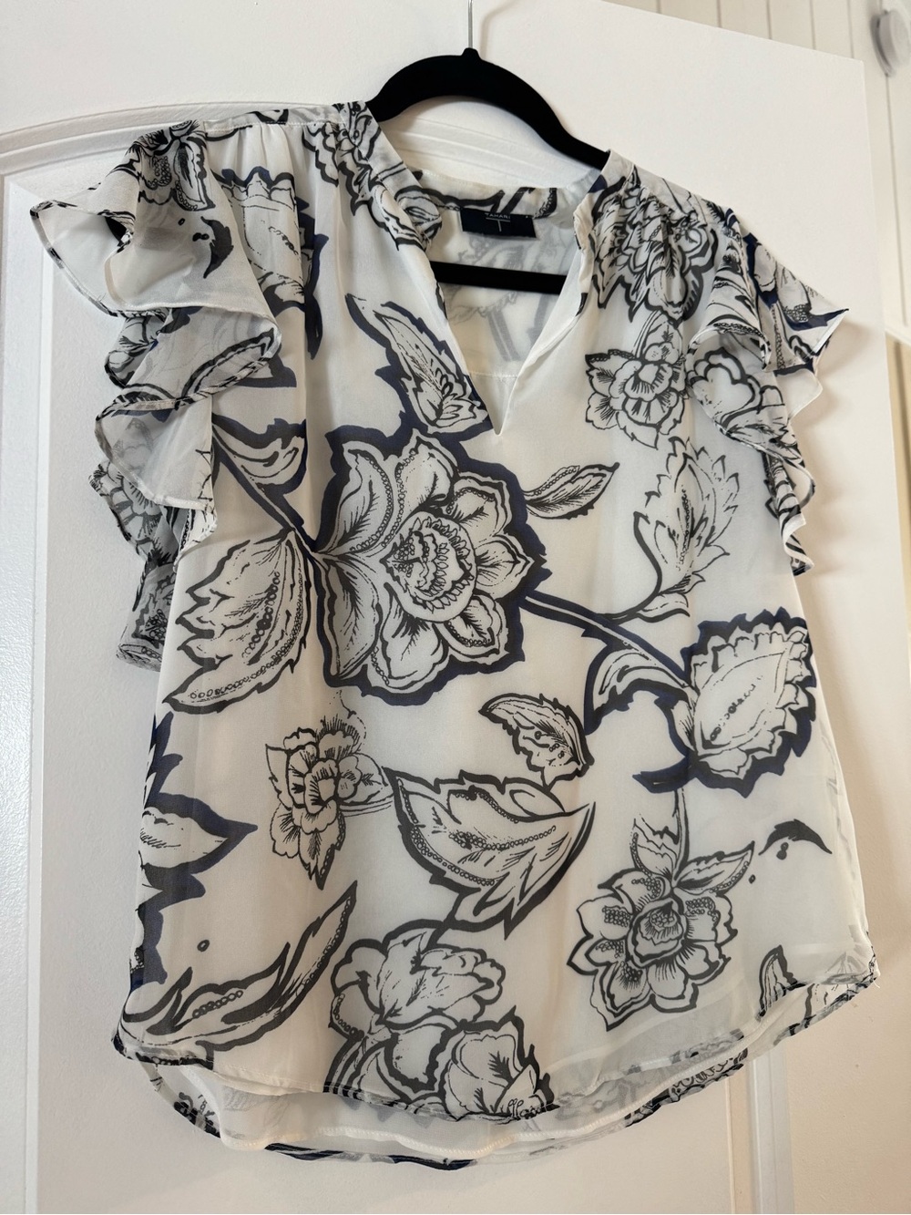 Tahari White Blouse with Black Floral Print and Ruffle Sleeves